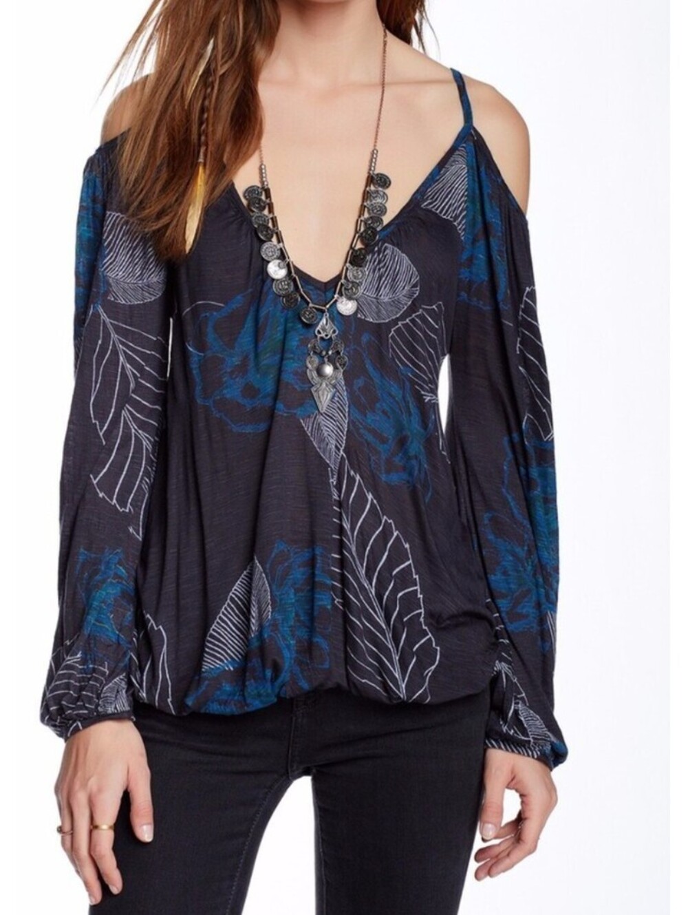 FREE PEOPLE Adelia gray blue long sleeve blouse sz XS